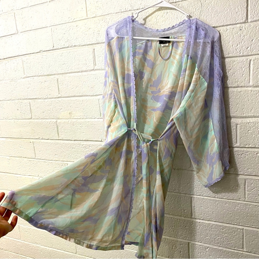 Pretty Sheer Robe Wrap Pajama Loungewear Mesh Floral Purple Green Lingerie Tie M